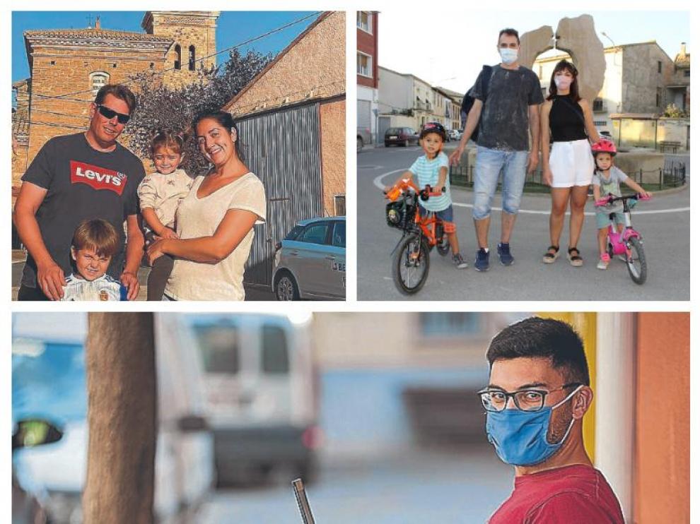 Arriba, a la izquierda, Víctor Asensio y su familia en Ferreruela (Teruel); a la derecha, Carlos y Laura, junto a sus hijos Pablo y Gabriel en Robles: Debajo, Adrián López, en una calle de Villalengua (Zaragoza)