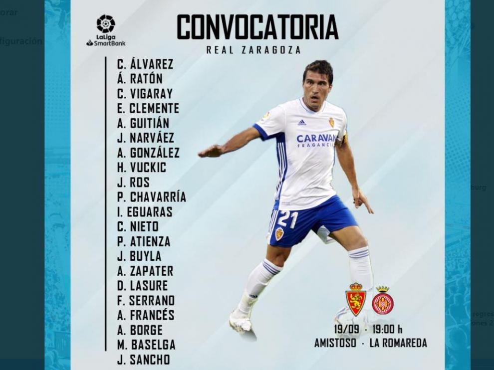 Los 21 convocados del Real Zaragoza para el último amistoso del verano, este sábado ante el Girona en La Romareda.