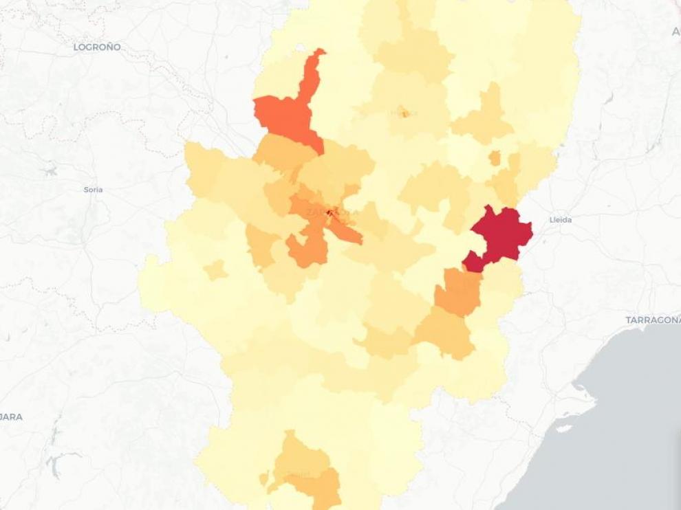 Mapa de Aragón con las zonas básicas de salud con más casos de contagios por la covid-19.
