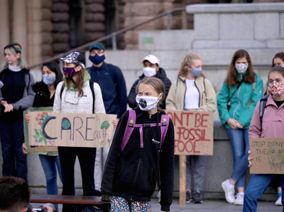La activista por el clima Greta Thunberg, en la protesta ante el Parlamento de Estocolmo (Suecia).