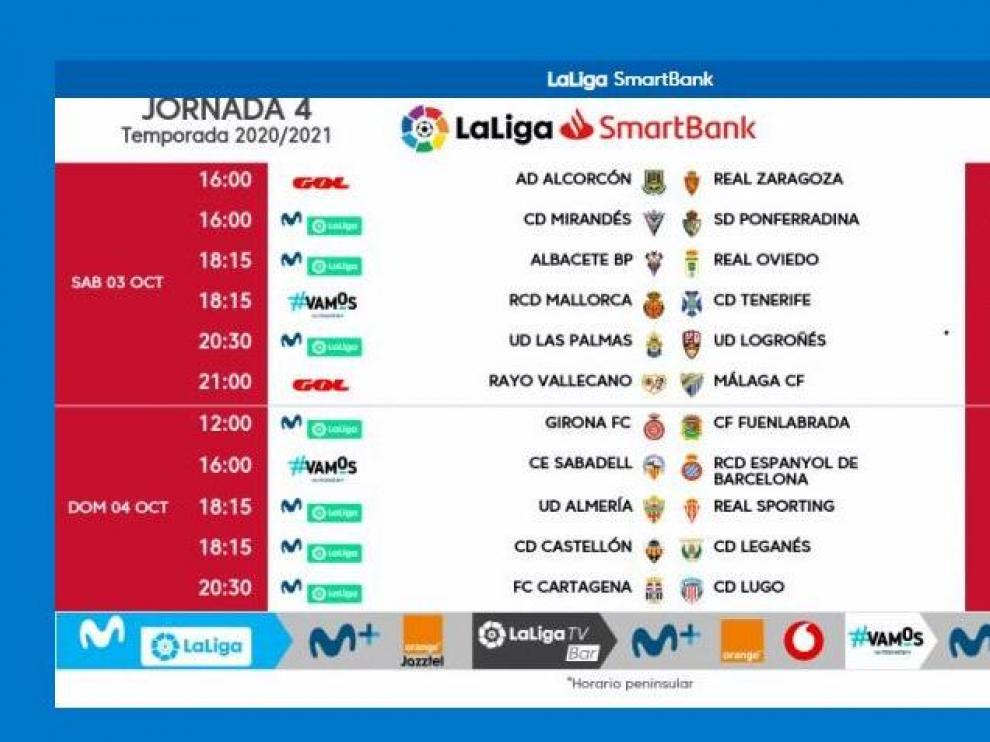 Horas y días de disputa de los 11 partidos de la 4ª jornada de Segunda División, el próximo fin de semana.