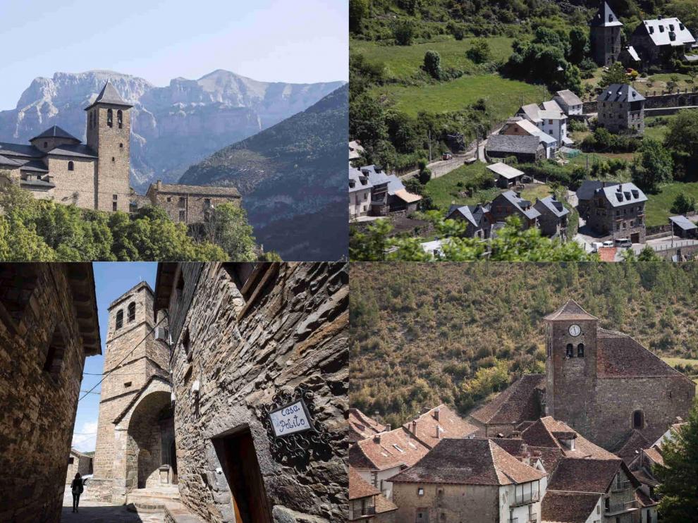 Pueblos bonitos de Huesca: Arriba Torla y Gistaín y abajo El Pueyo de Aragüás y Ansó