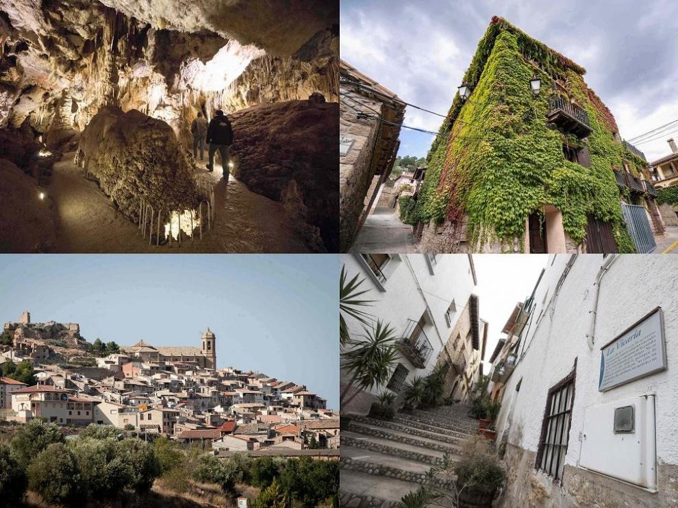 Arriba las Grutas de Cristal de Molinos y Cabra de Mora y abajo La Fresneda y Belmonte de San José