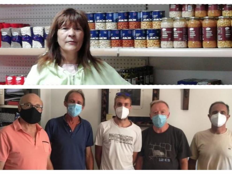 Arriba, Ana Murcia, que regenterá la tienda-museo de Urriés. Abajo, los cuatro nuevos vecinos de Pomer con el alcalde