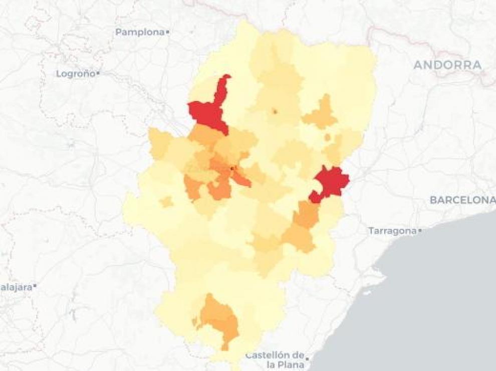 Mapa de Aragón con los casos de coronavirus desde el inicio de la pandemia