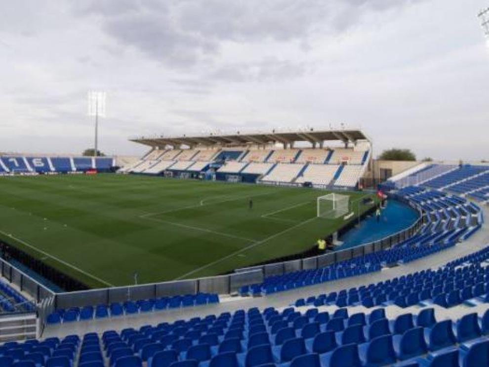 Estadio de Butarque, en Leganés, al sur de Madrid, donde juega el Real Zaragoza a las 4.30 de la tarde de este jueves.