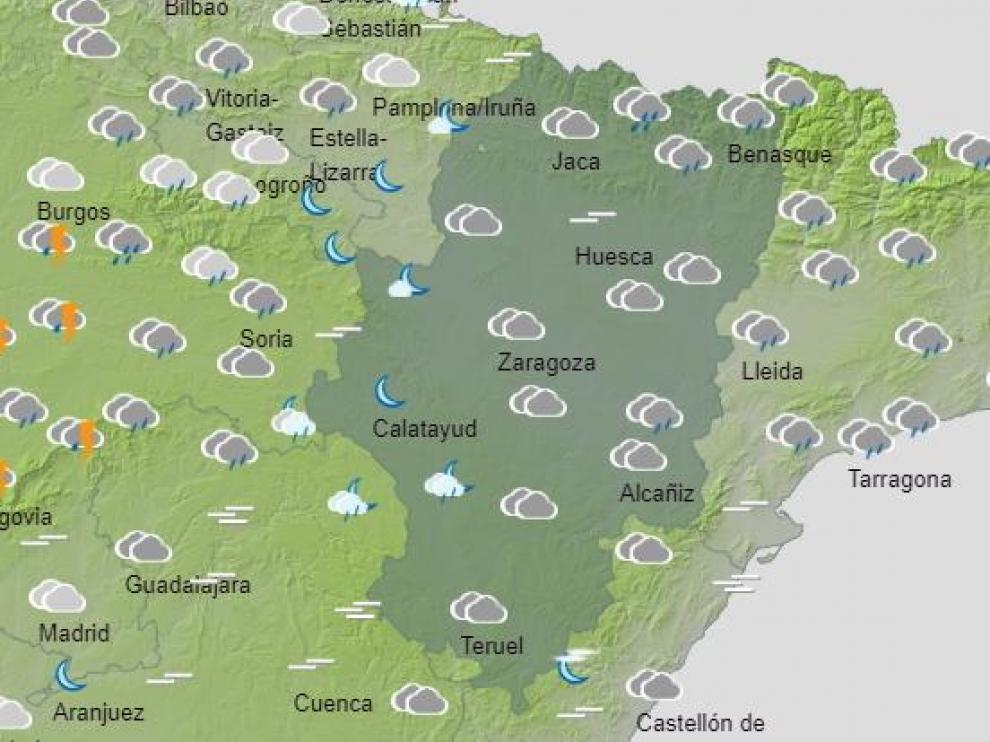 Mapa de Aragón con la previsión del tiempo en las tres provincias.