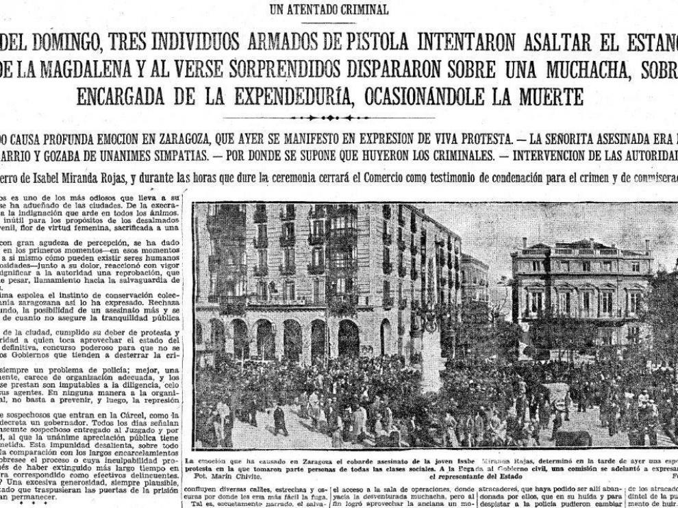 El crimen de la joven Isabel Miranda Rojas, la estanquera de la Magdalena, en abril de 1932, causó una gran conmoción en Zaragoza