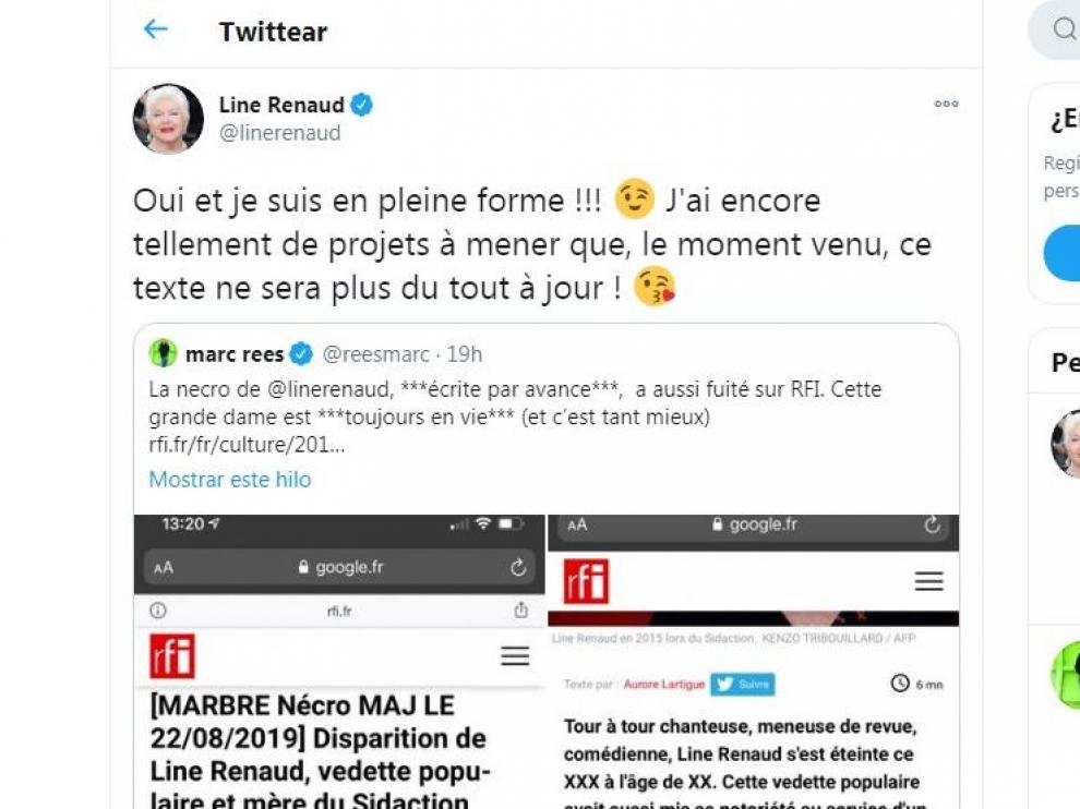 La actriz francesa Line Renaud publicó en tono jocoso este comentario en Twitter.