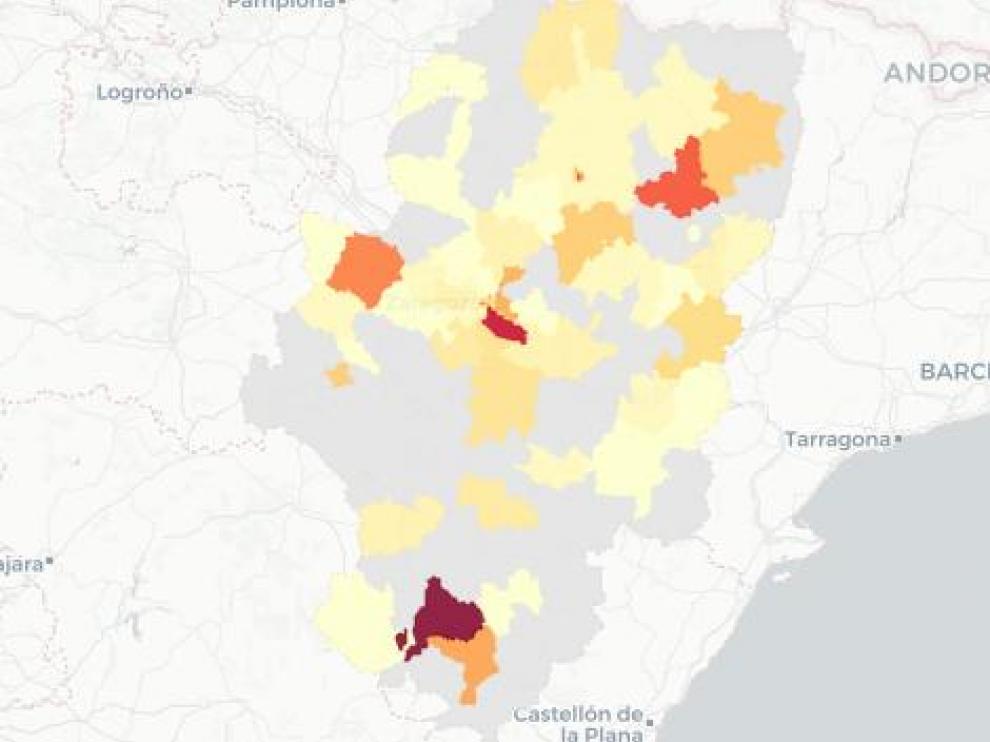 Mapa de Aragón con los últimos casos de coronavirus.