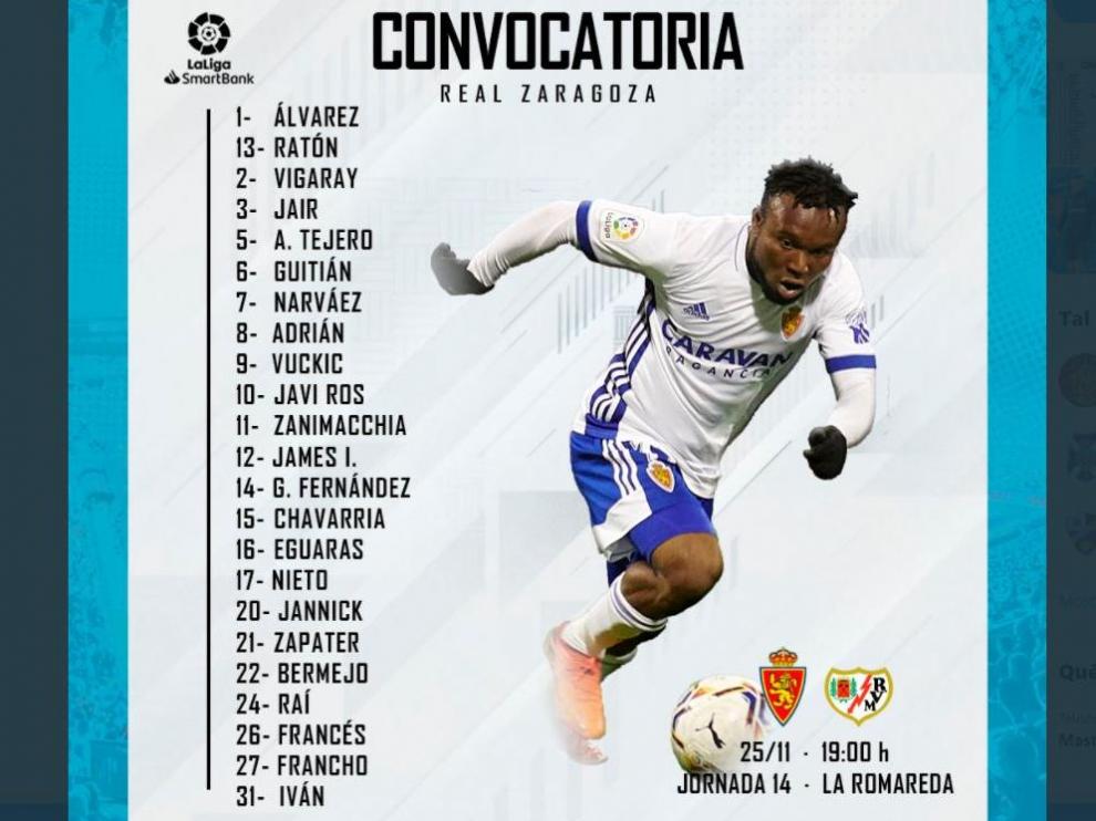 Convocatoria del Real Zaragoza para el partido de este miércoles en La Romareda ante el Rayo Vallecano.