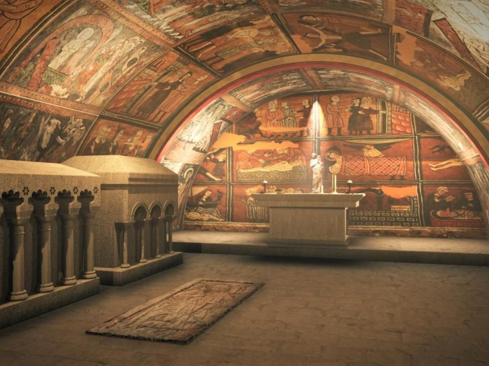 Recreación virtual de la cripta y panteón real del castillo de Montearagón.