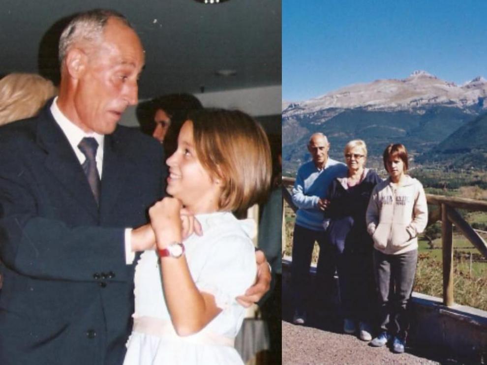 En la fotografía de la izquierda, Esther Palacios bailando con su abuelo el día de su Primera Comunión. A la derecha, con sus abuelos en el Pirineo.