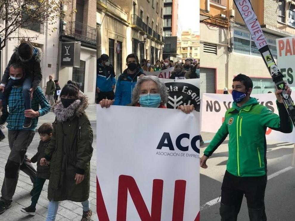 Alfonso Azón, Mertxe Aldanondo y Antonio Armesto, tres de los participantes en la manifestación del sector de la nieve que ha recorrido Huesca este miércoles.