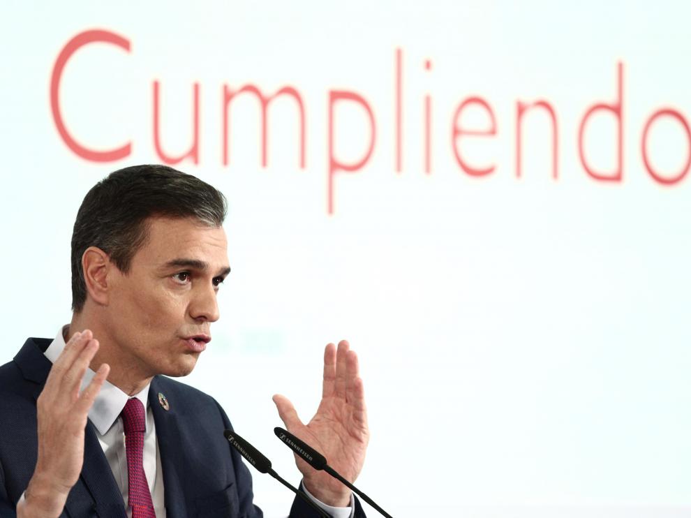 Pedro Sánchez, durante la intervención en la que hizo balance del año.