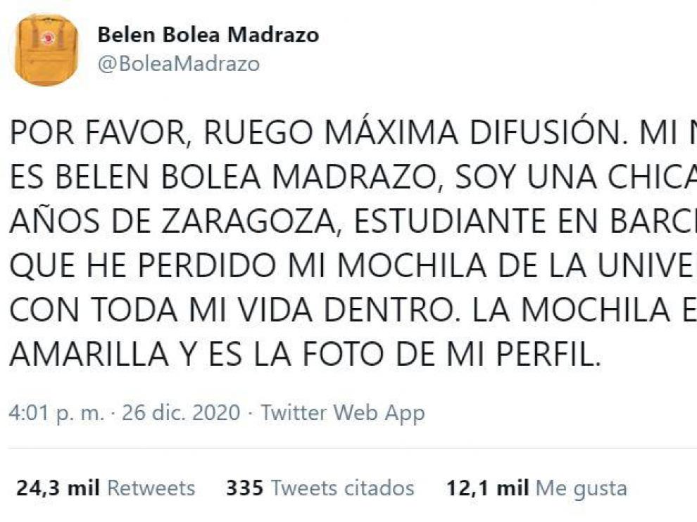Una zaragozana pide ayuda en Twitter para encontrar su mochila con su trabajo fin de grado