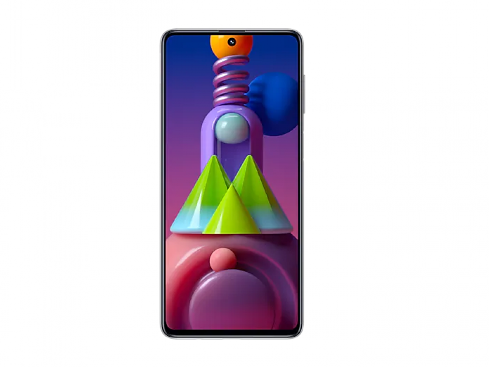 El Samsung Galaxy M51 tiene un frontal despejado, con bordes muy reducido y un pequeño agujero para la cámara de selfis.