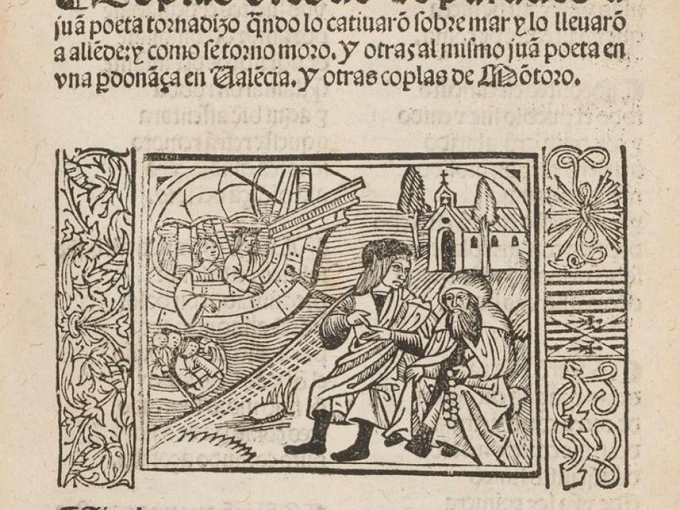 Grabado alusivo a la historia de Juan Poeta en la edición valenciana del 'Cancionero General', siglo XVI.