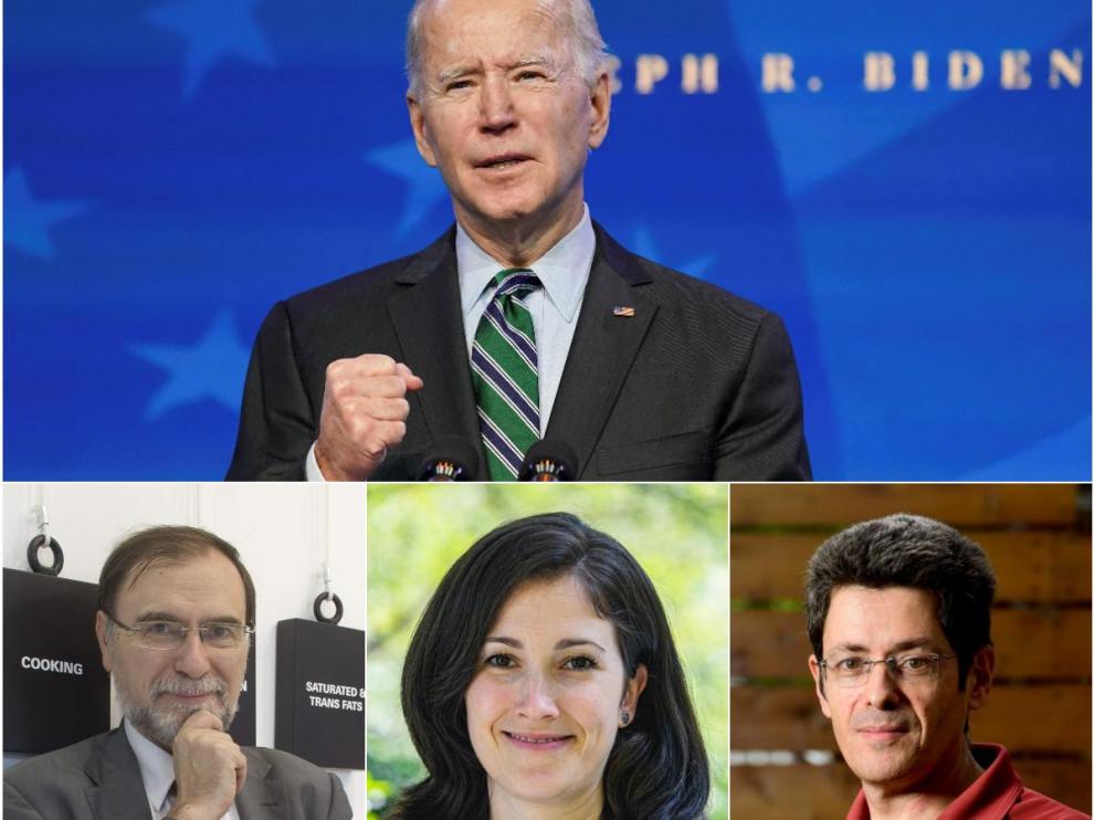 Arriba, Joe Biden. Abajo, de izquierda a derecha, José María Ordovás, Almudena Vidorreta y José Luis Jiménez.