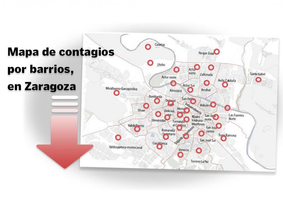 Mapa del coronavirus en los barrios de Zaragoza.
