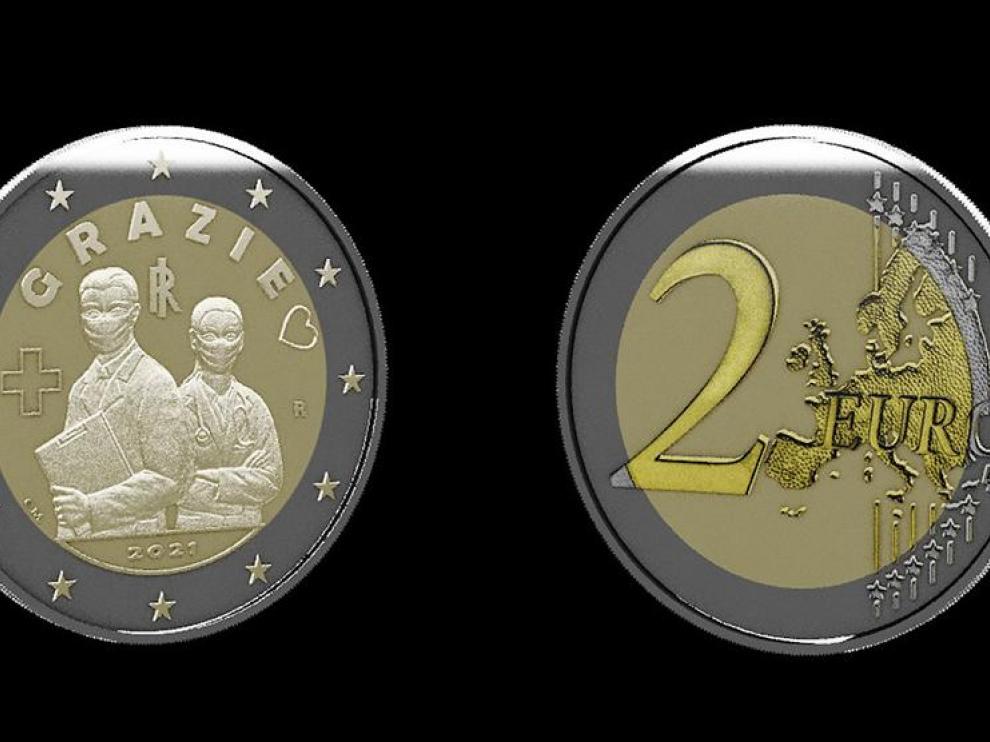 Moneda de 2 euros acuñada en Italia como homenaje a los sanitarios.