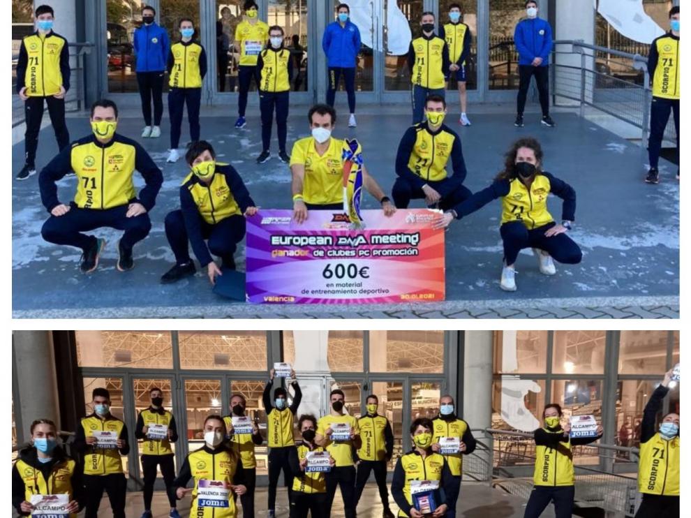 Arriba, el combinado zaragozano, campeón del European DNA Meeting Promoción; abajo, la escuadra mixta absoluta, tercera en el torneo élite