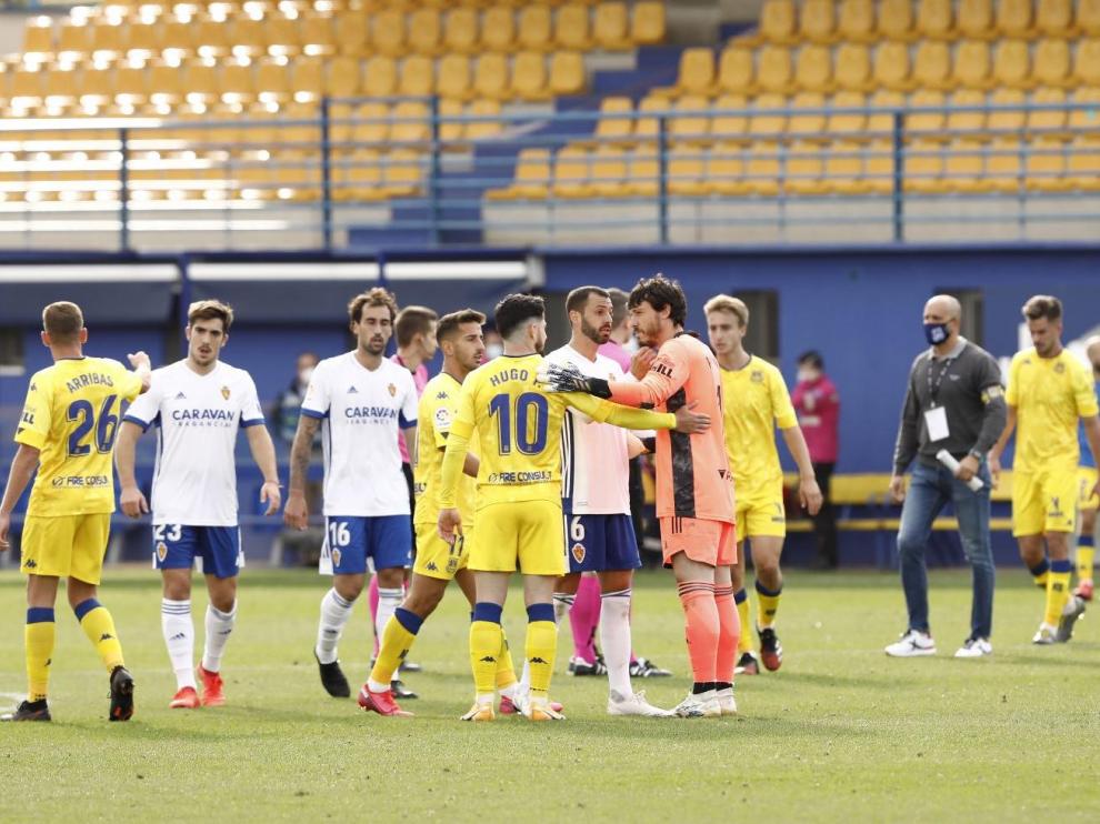 Fin del partido de la primera vuelta en Alcorcón, con 0-0 pero con la victoria en los despachos segura.