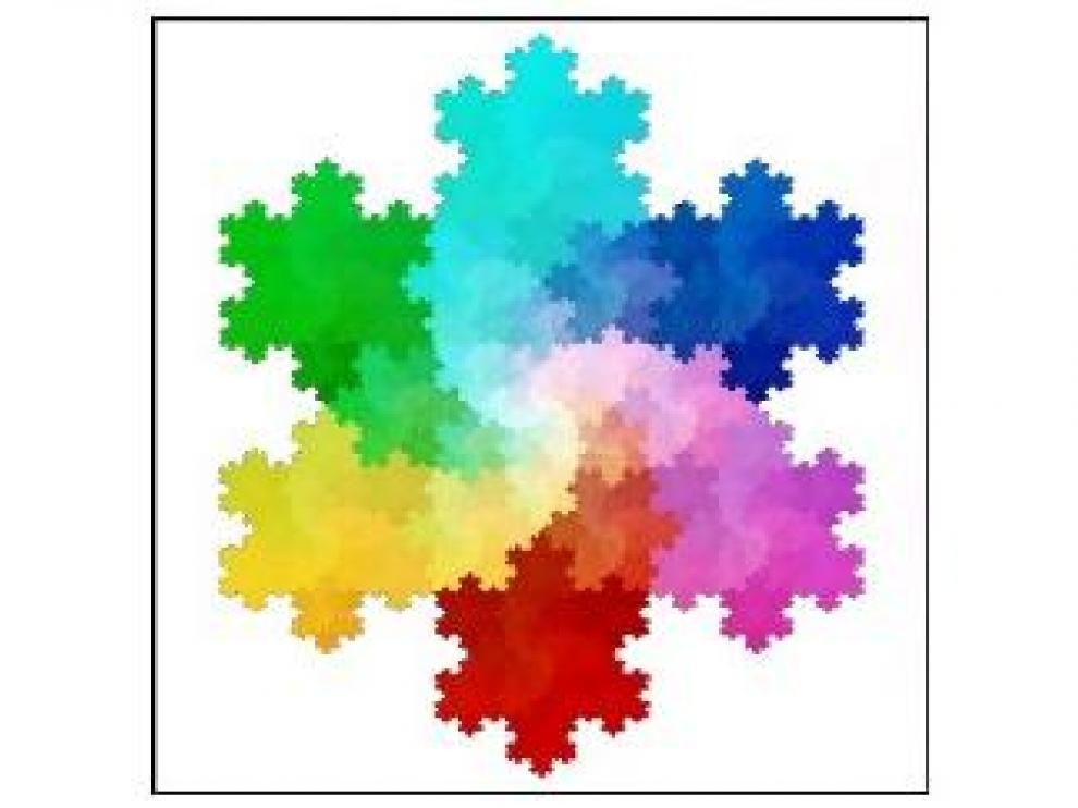 Recreación artística de un copo de Koch. Se trata de una curva fractal que vemos en el perfil de esta figura.