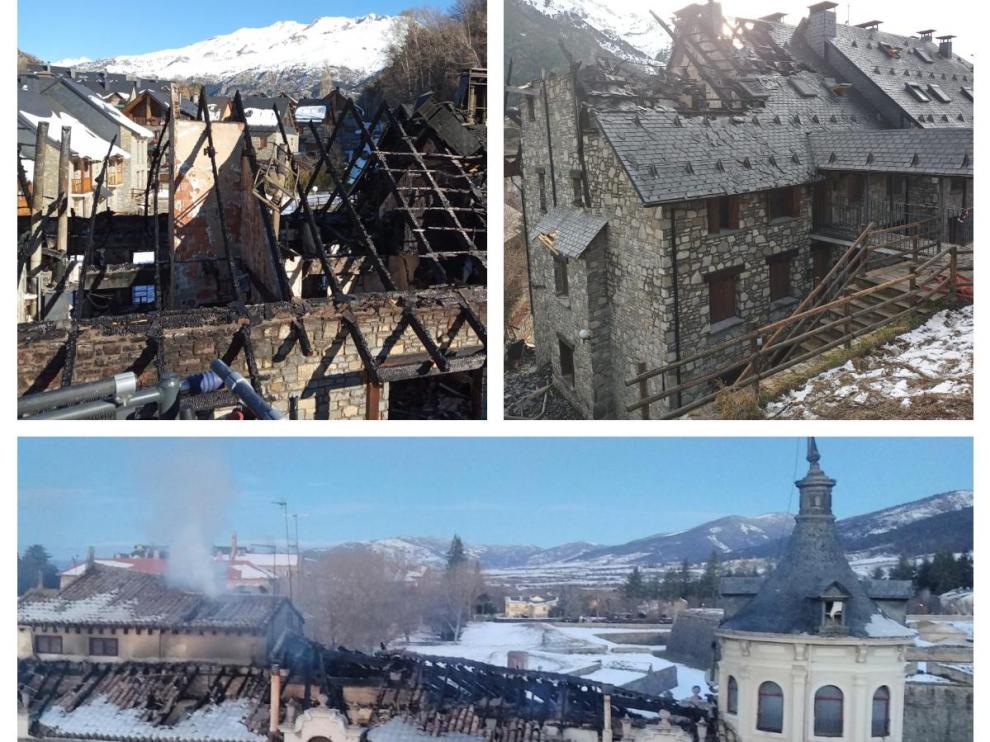 Arriba, estado en que quedaron las cubiertas de los edificios incendiados en Tramacastilla y Sallent. Sobre estas líneas, el tejado del inmueble modernista de Jaca.
