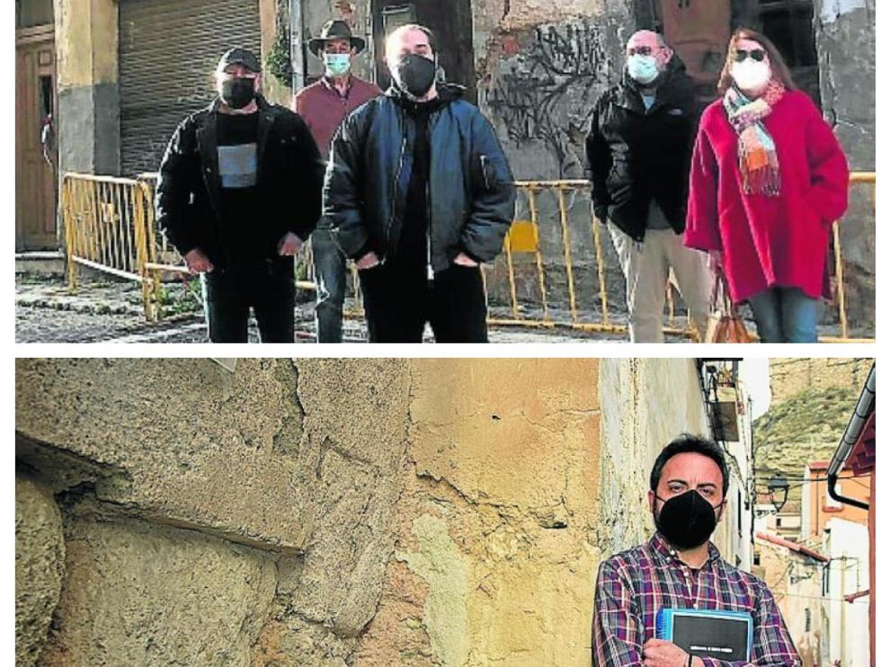 Arriba, miembros de la plataforma en la placeta de Nuestra Señora; abajo, Ángel Silvestre, en una de las calles del casco de Calatayud