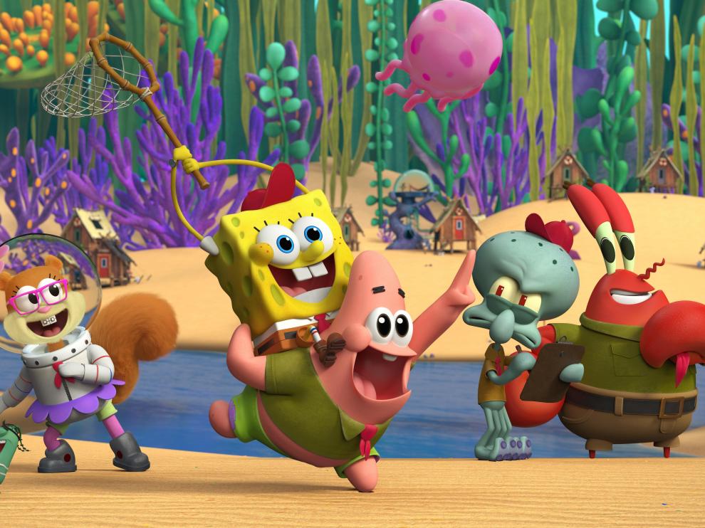 Sandy, Bob Esponja, Patricio, Calamardo y Don Cangrejo, en 'Kamp Koral'.