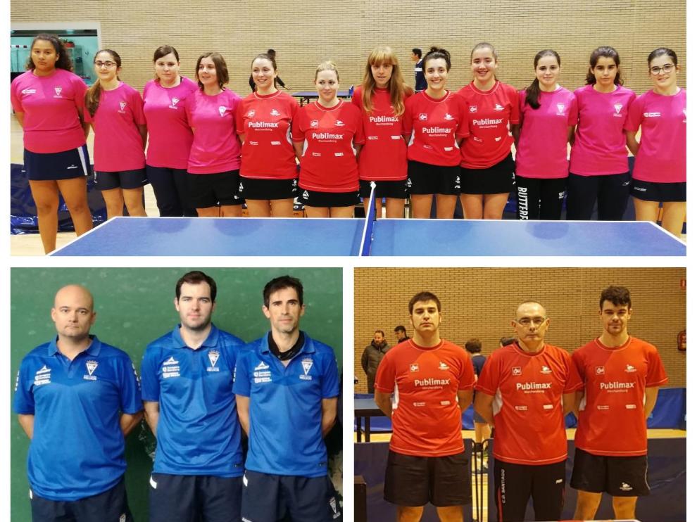 Arriba, las formaciones del CH Helios y Publimax CAI Santiago de Primera División femenina; abajo, a la izquierda, terceto del CN Helios de Primera masculina; a la derecha, equipo del Publimax de Segunda.