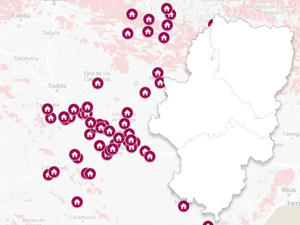Mapa de Aragón con los pisos de la Sareb repartidos por Zaragoza, Huesca y Teruel