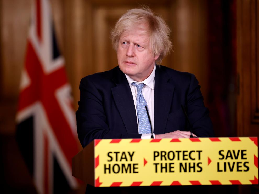 Britain's Prime Minister Boris Johnson gives an update on the COVID-19 pandemic during a virtual news conference, in London