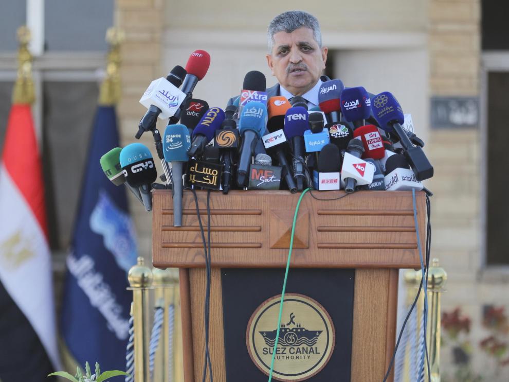 Osama Rabie, Chairman of the Suez Canal Authority, talks during a news conference in Suez