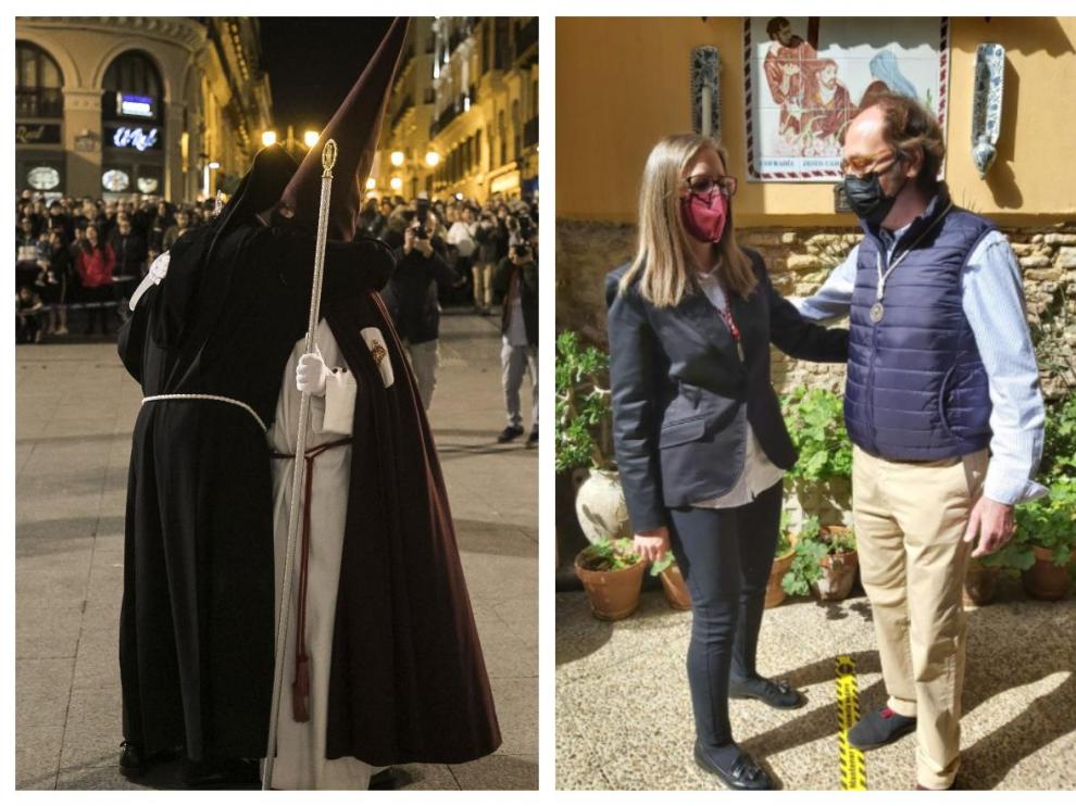 Abrazo de los cetros Jennifer Ormaz (Calvario) y Roberto Caudevilla (Dolorosa) en 2019 y en 2021.