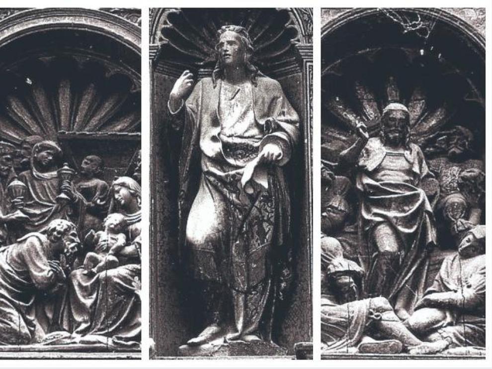 Estos son dos de los cuatro relieves que fueron robados en enero de 1989 y una figura de San Juan Evangelista, la única que sustrajeron. El resto estaban guardadas en un armario