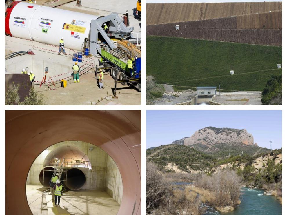 Arriba, las obras del túnel de Mularroya y una imagen del embalse de Yesa. Abajo, los trabajos en una de las presas de Almudévar y el río Gállego, donde finalmente no se construirá Biscarrués.