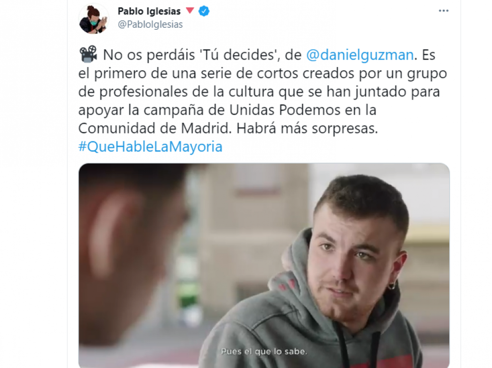 Captura de corto 'Tú decides', de Daniel Guzmán, en apoyo a la campaña de Unidas Podemos en la Comunidad de Madrid.