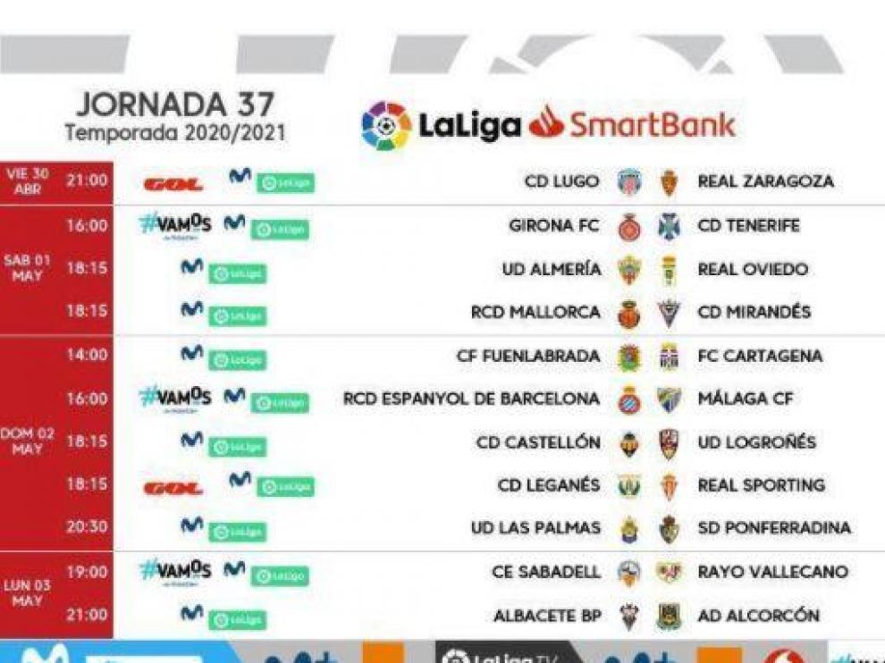 Horarios y fechas de la 37ª jornada de Segunda División.