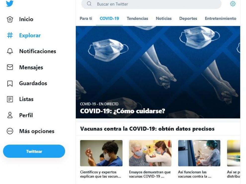 Información sobre la covid en la página de Twitter España