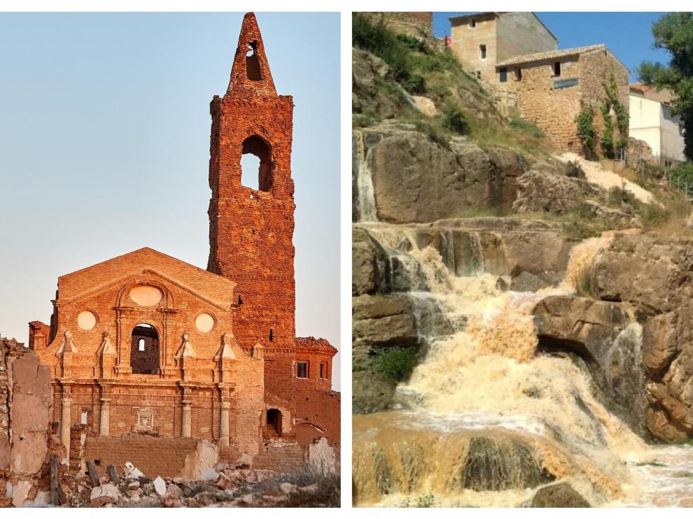 Combo de imágenes del pueblo viejo de Belchite y Almonacid de la Cuba