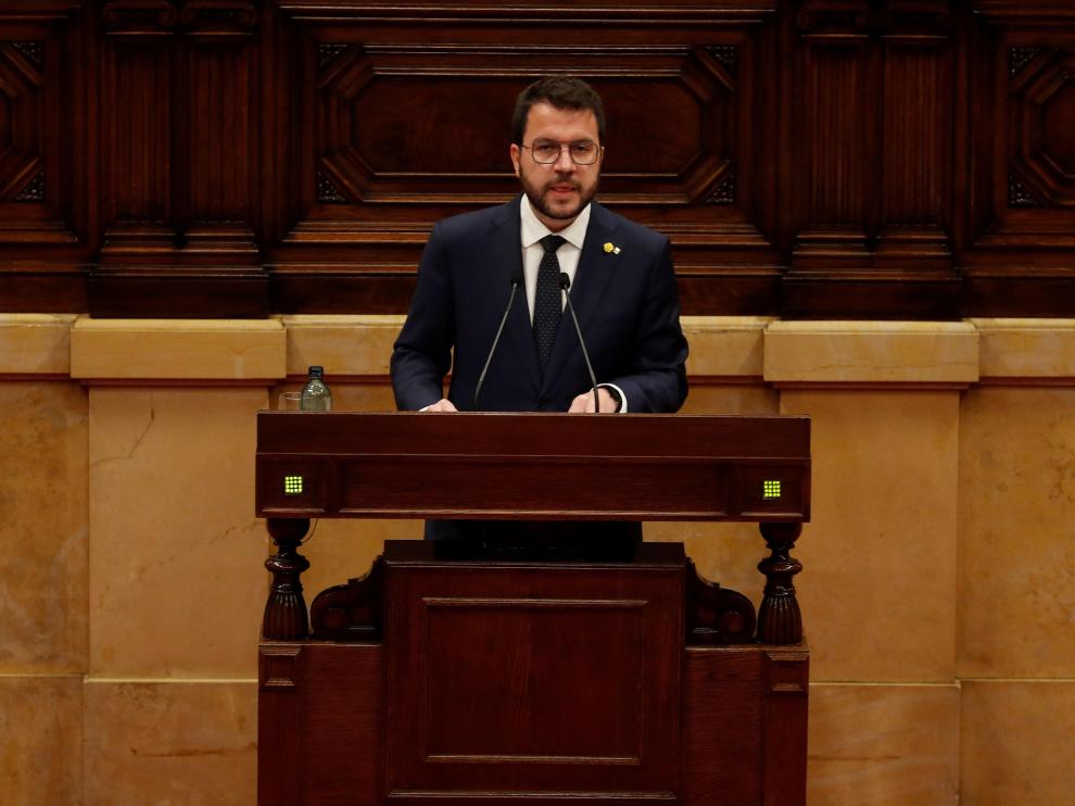 El candidato de ERC a la presidencia de la Generalitat, Pere Aragonès, interviene en la primera jornada del debate de su investidura