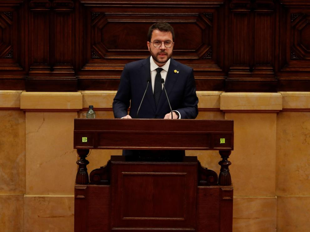 El candidato de ERC a la presidencia de la Generalitat, Pere Aragonès, interviene en la primera jornada del debate de su investidura