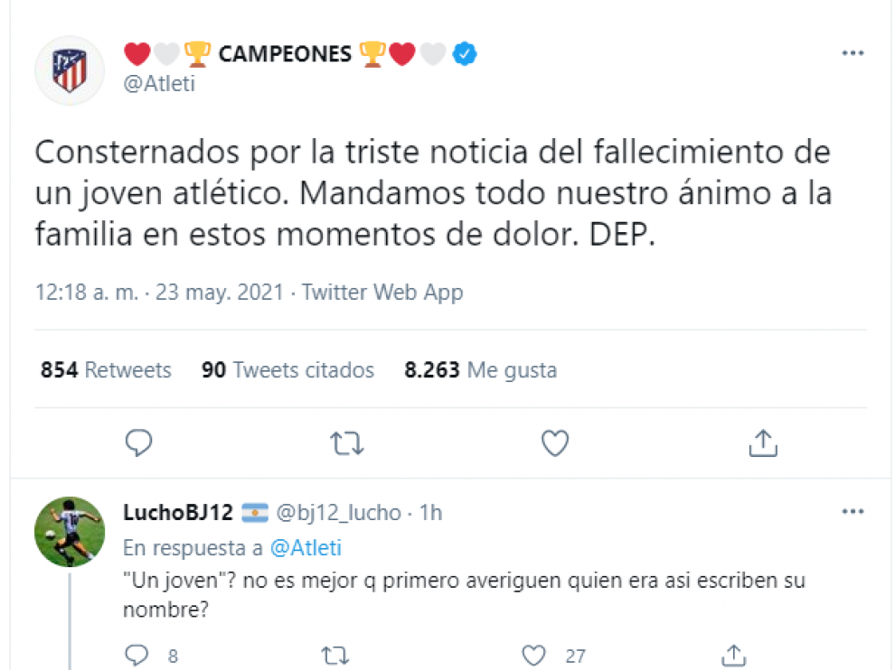 Imagen del mensaje publicado por el club en Twitter, lamentando el triste fallecimiento del joven.