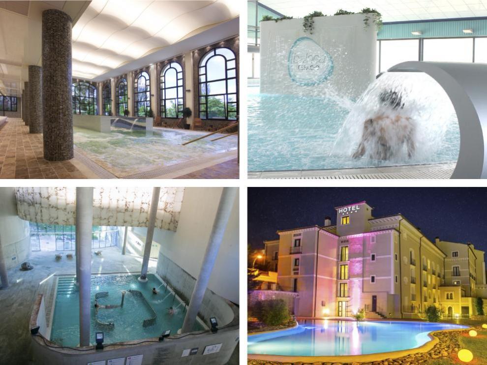 Arriba, a la izquierda, el balneario de Paracuellos del Jiloca. A la derecha, las instalaciones del balneario de Ariño. Abajo, a la izquierda, el balneario de Panticosa. A la derecha, el de Alhama de Aragón.