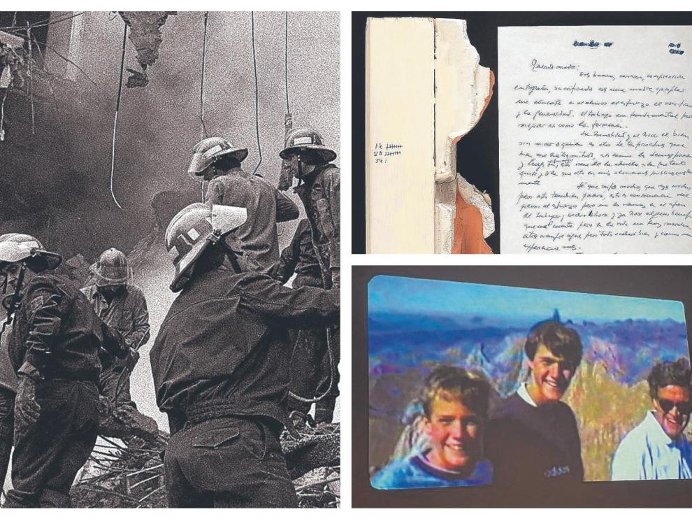 Combo de fotos de la casa cuartel de Zaragoza en 1987, la carta de Cordón que mandó a su madre en el secuestro y de un vídeo de Giménez Abad con sus hijos en el Pirineo