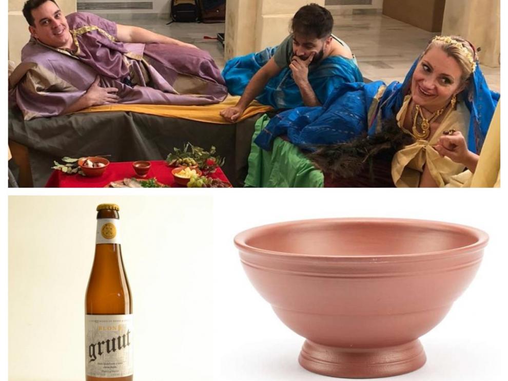 Arriba, una recreación de comensales en un banquete con triclinium. Abajo, cerveza sin lúpulo (izquierda) y un vaso de terra sigillata.