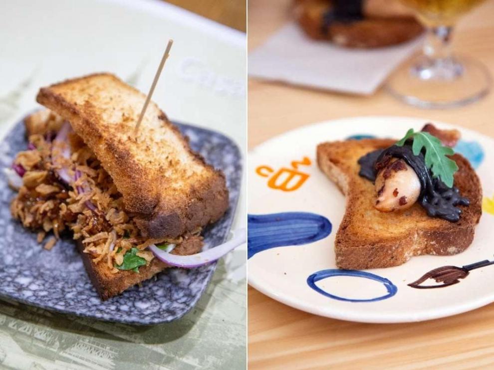 La tapa El Coloso del bar Casa Juanico y la tapa Saturno devorando a su hijo del bar Praga Vermutería en Zaragoza.