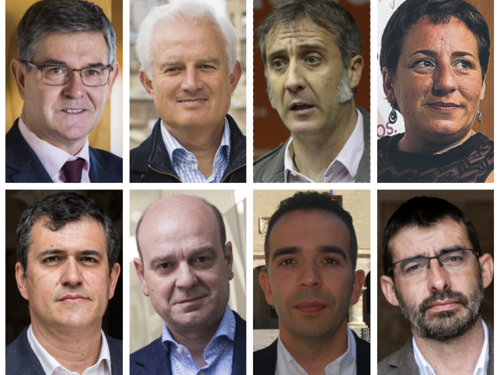 De izquierda a derecha, y de arriba a abajo: Vicente Guillén (PSOE), Eloy Suárez (PP), Ramiro Domínguez (Cs), Marta de Santos (Podemos), Joaquín Palacín (CHA), Santiago Morón (Vox), Jesús Guerrero (PAR) y Álvaro Sanz (IU).